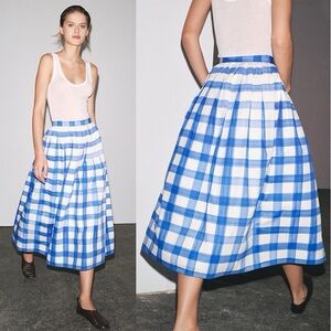 Zara Blue and White Checked A-Line Skirt